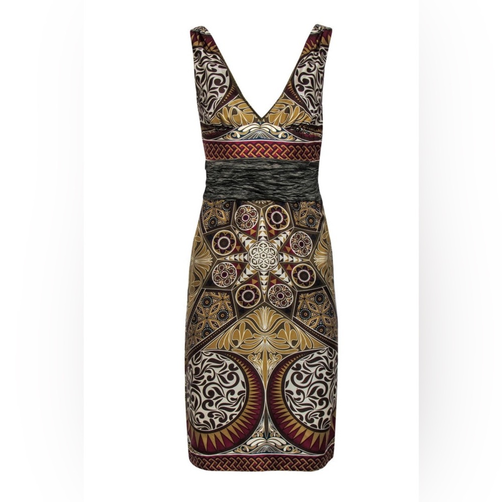 Nicole Miller V-Neck Midi Dress in Gold, Black and Burgundy